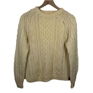 Vintage 70s Irish Aran Fisherman Sweater Wool Cable Handknit Cream Mens M 40